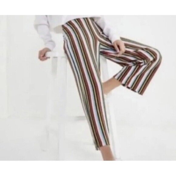 Urban Outfitters Striped Elastic Pull On Wide Leg Cropped Multi Pants Size Small - Picture 1 of 12